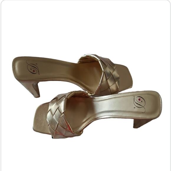 Metallic Slide Sandals Block Heel Square Toe Braided Size 10 Champagne Gold Y2K - Picture 1 of 8